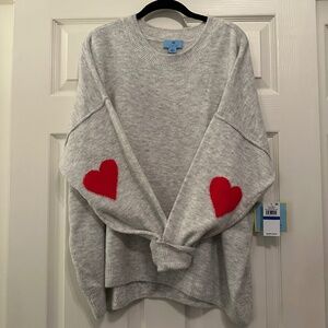 NWT CeCe Tunic Sweater Grey with Red Heart Elbow Patches